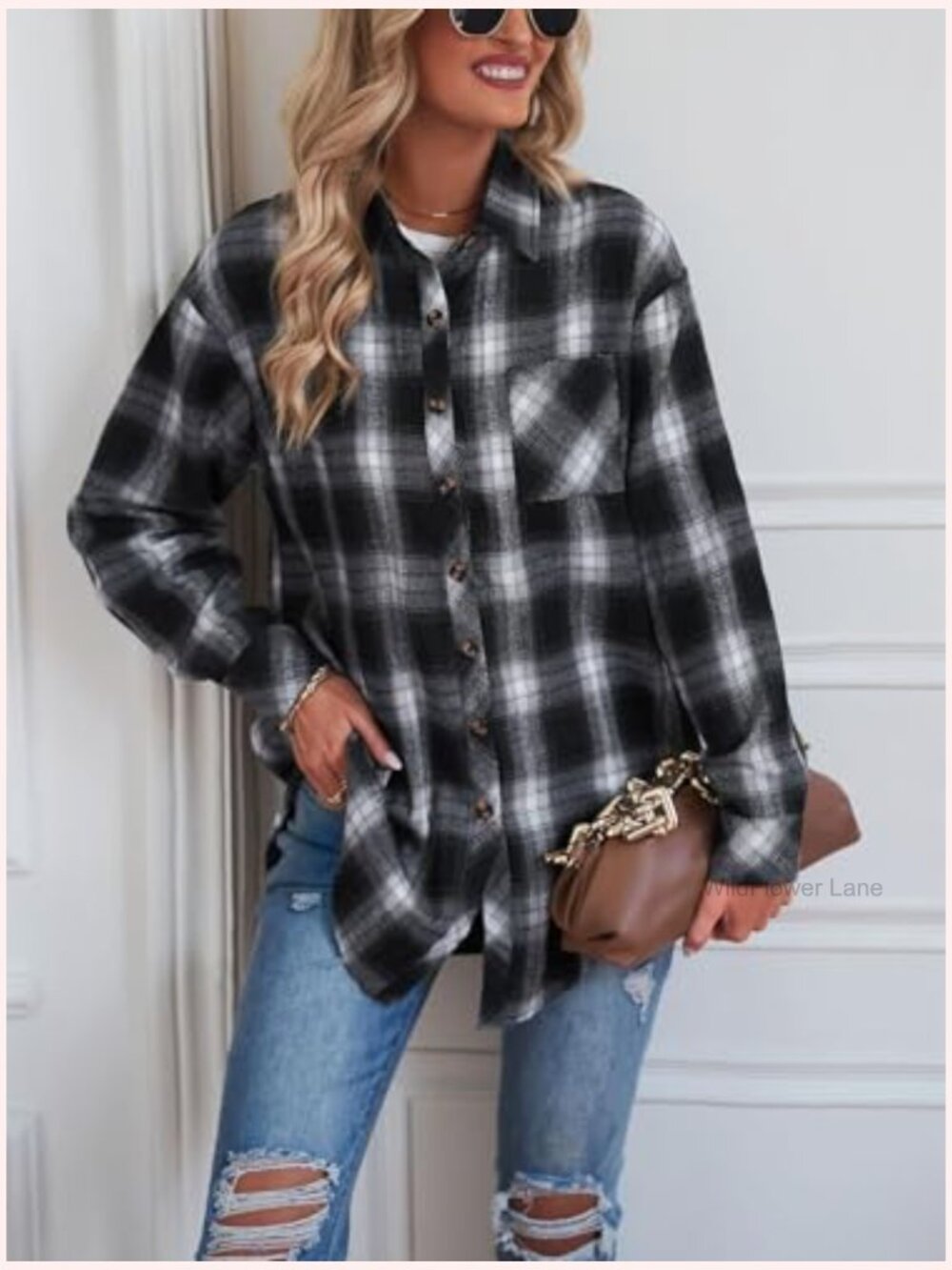 Oversized Plaid Button Down Flannel Shacket Long Sleeve Casual Blouse Top - Picture 2 of 7